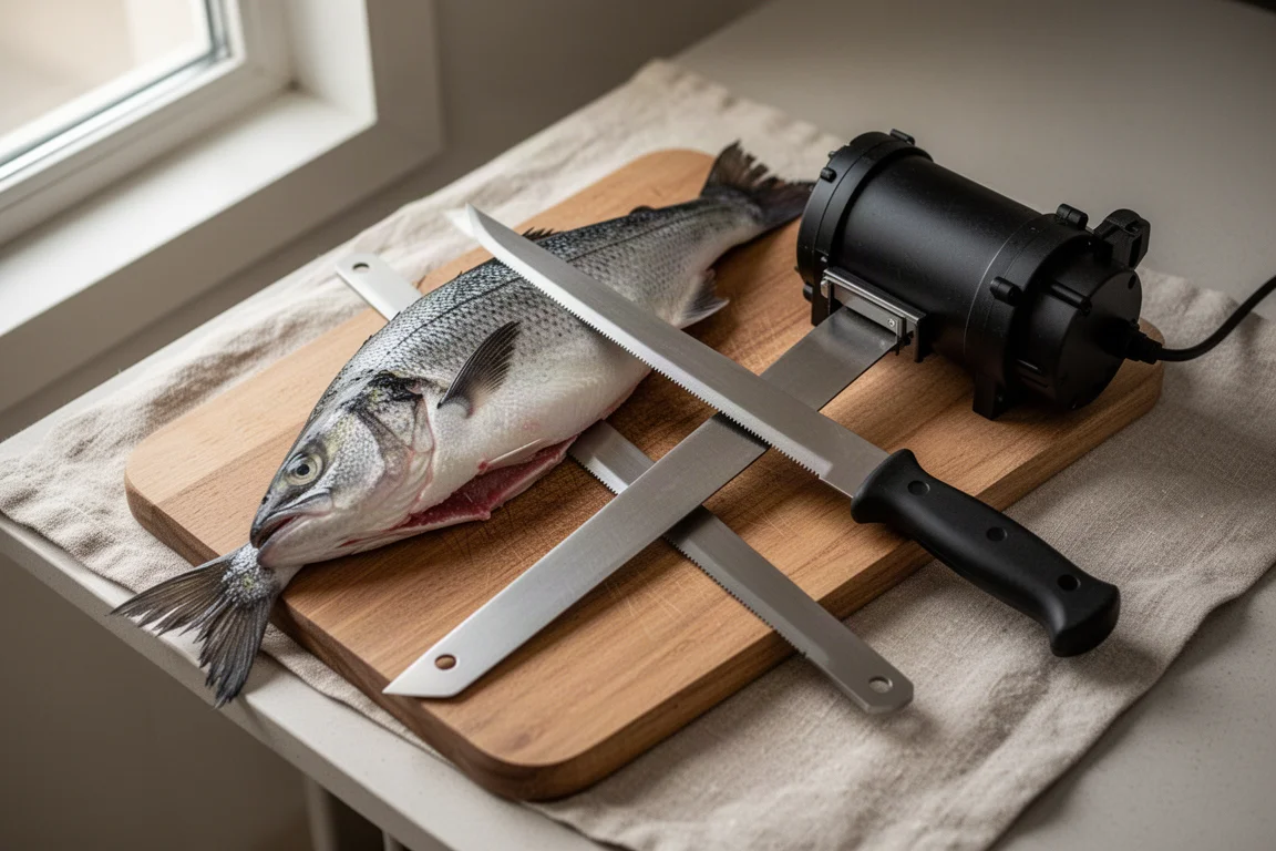 Electric fillet knife blades laid out next to a fresh whole fish on a prep board