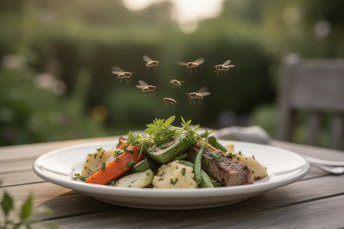 Flies gathering over freshly prepared food on an outdoor table