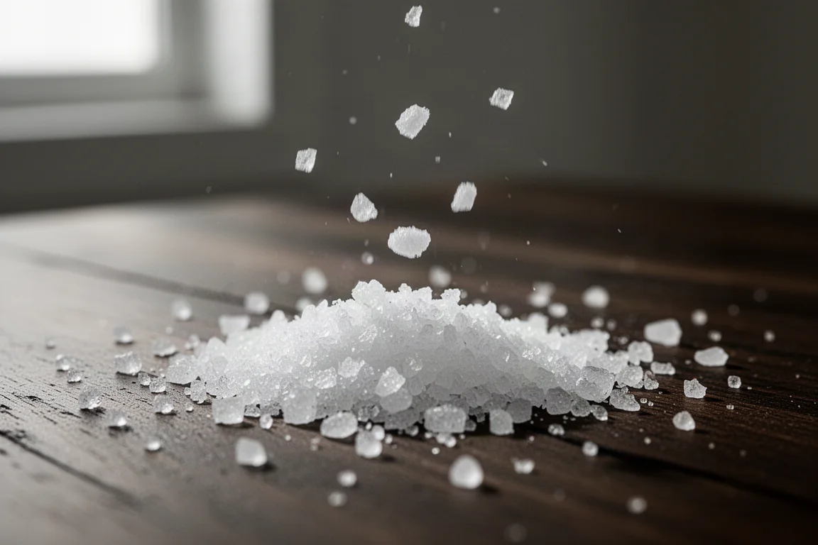 Salt granules scattered across a wooden table surface in soft light