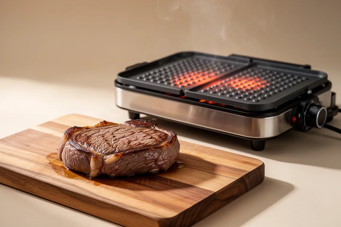 Cooked steak resting on a cutting board beside a countertop grill