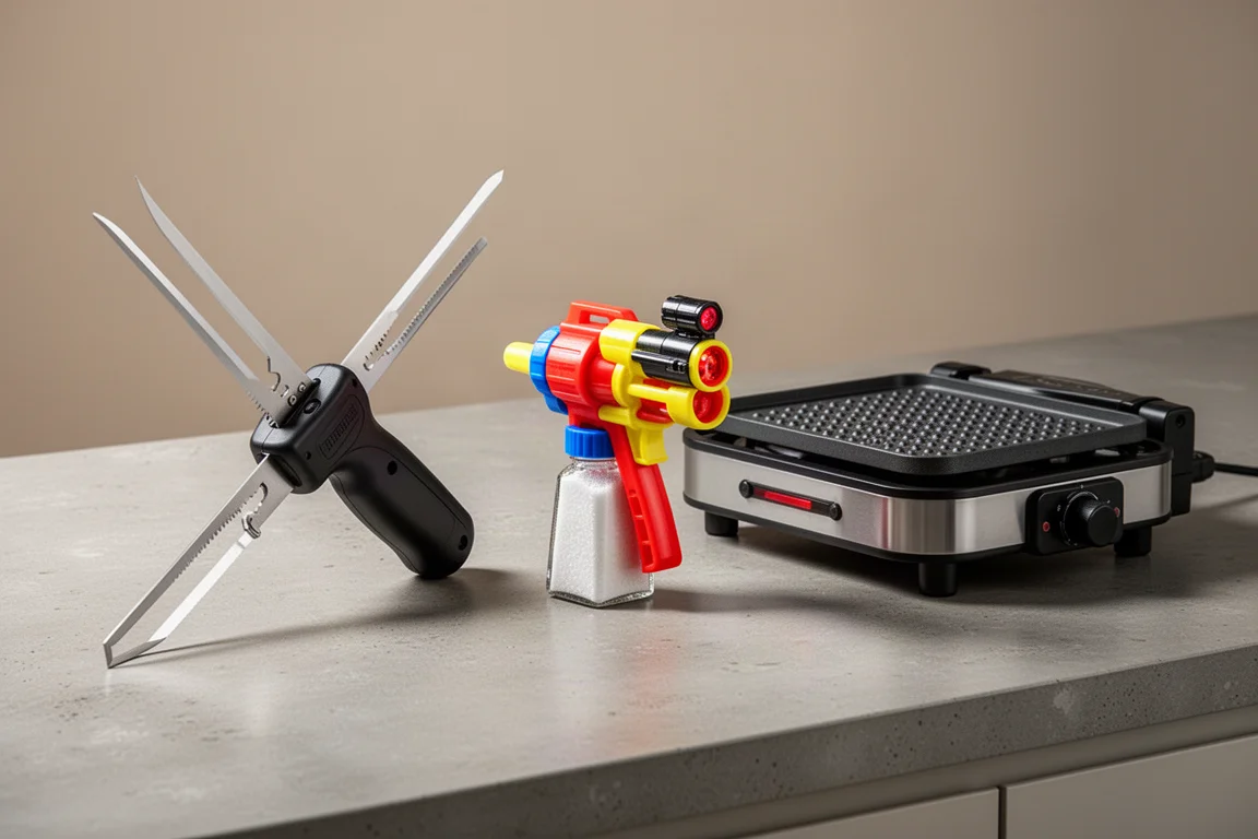 Electric fillet knife, salt launcher, and countertop grill arranged on a concrete counter