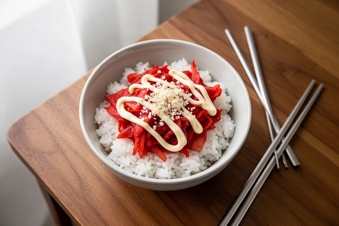 Reisschale mit Kimchi und cremiger Mayo, ein einfaches hausgemachtes Gericht