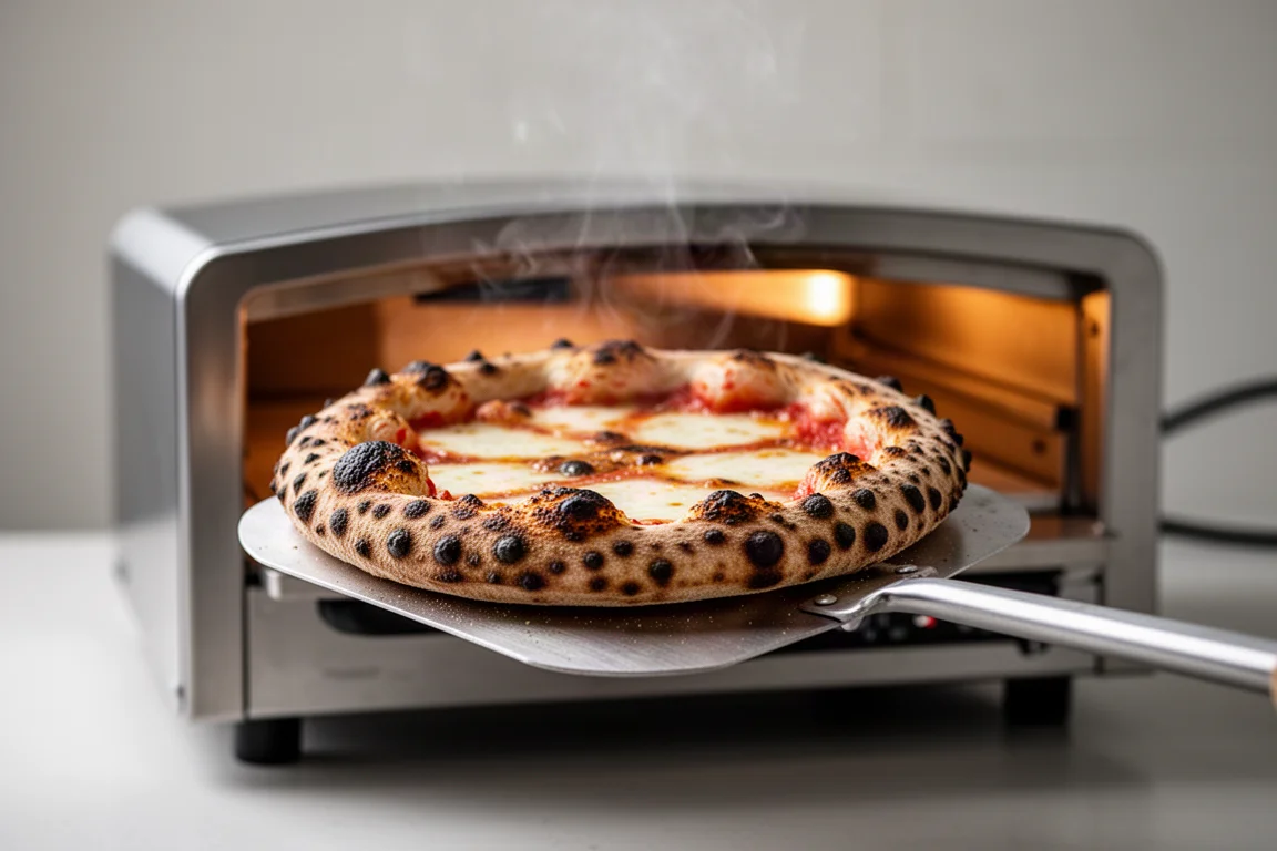 Frisch gebackene Pizza wird aus einem kompakten Indoor-Pizzaofen gehoben, der Boden blasiert und blubbrig