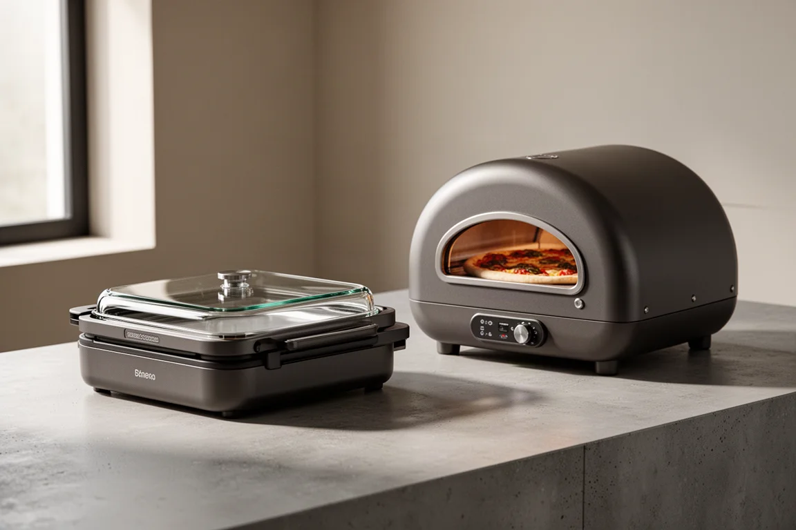 Compact vacuum sealer and indoor pizza oven on a concrete kitchen surface