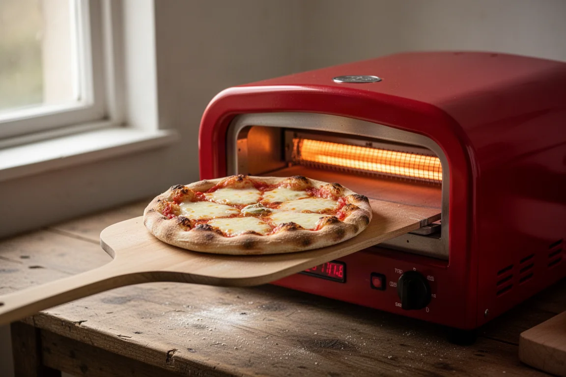 Freshly baked pizza being lifted from a compact countertop oven