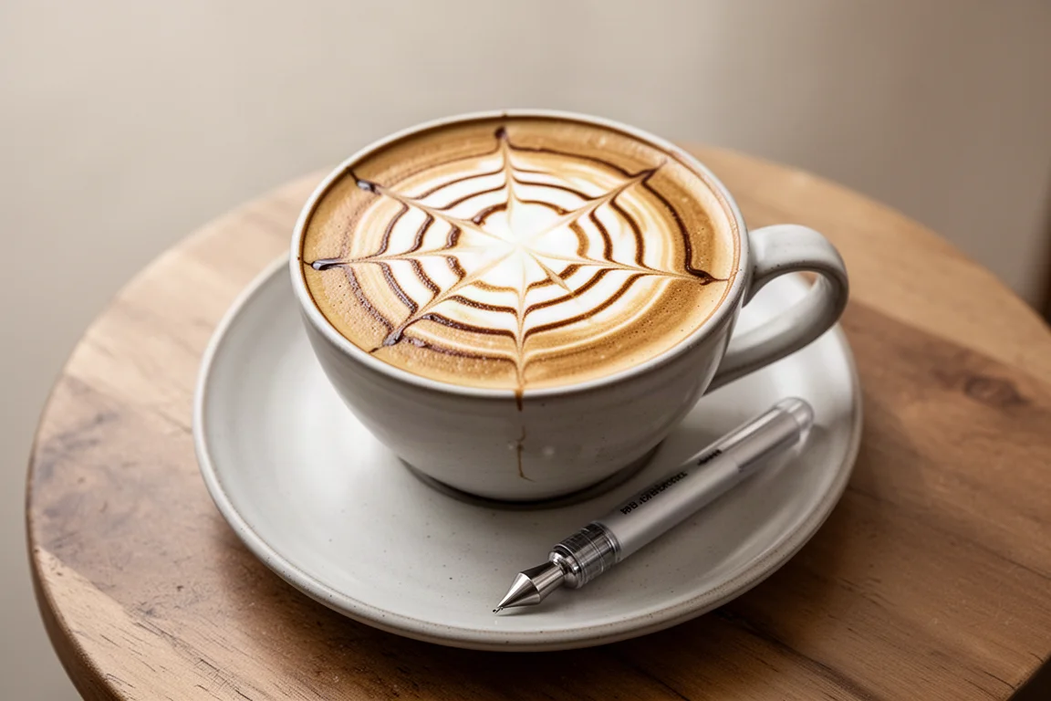 Latte in a ceramic cup with fine decorative sauce lines on the foam