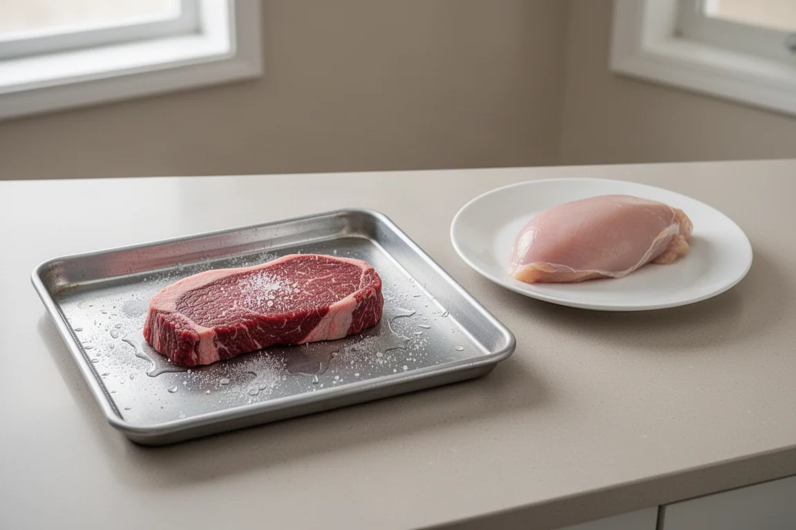 Frozen steak defrosting on a flat metal tray beside a chicken breast on a plate