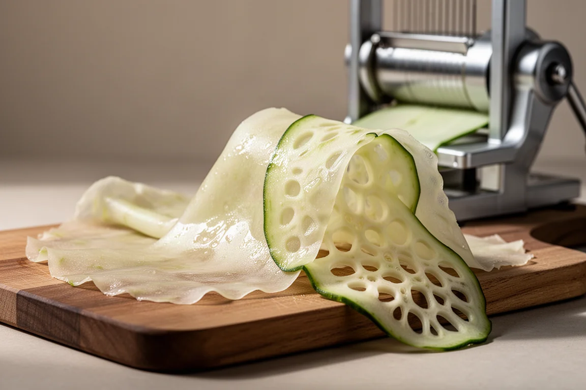Thin decorative vegetable sheets and a lattice-cut vegetable on a cutting board