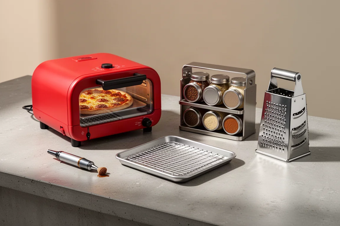 Assorted kitchen gadgets including a red pizza oven, defrosting tray and spice box on a concrete worktop