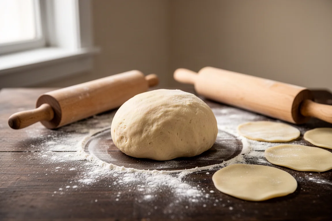 Frischer Teig für Teigtaschen wird auf einer leicht bemehlten Holzfläche geformt