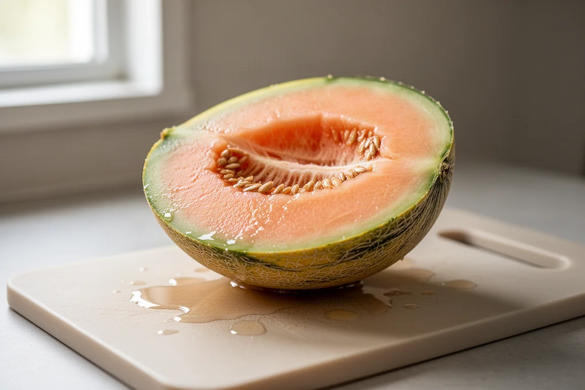 Halbierte Melone auf einem Schneidebrett mit einer Schale daneben