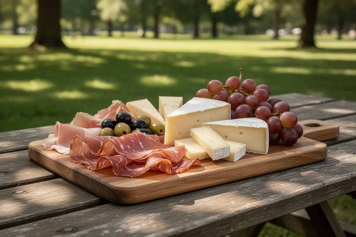 Charcuterie-Platte für ein Picknick auf einem Parktisch angerichtet