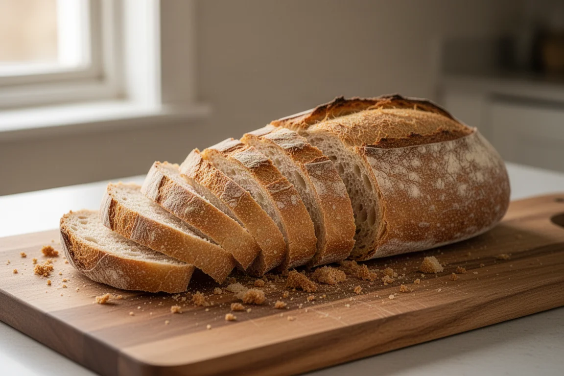 Crusty artisan bread sliced into even pieces on a wooden board