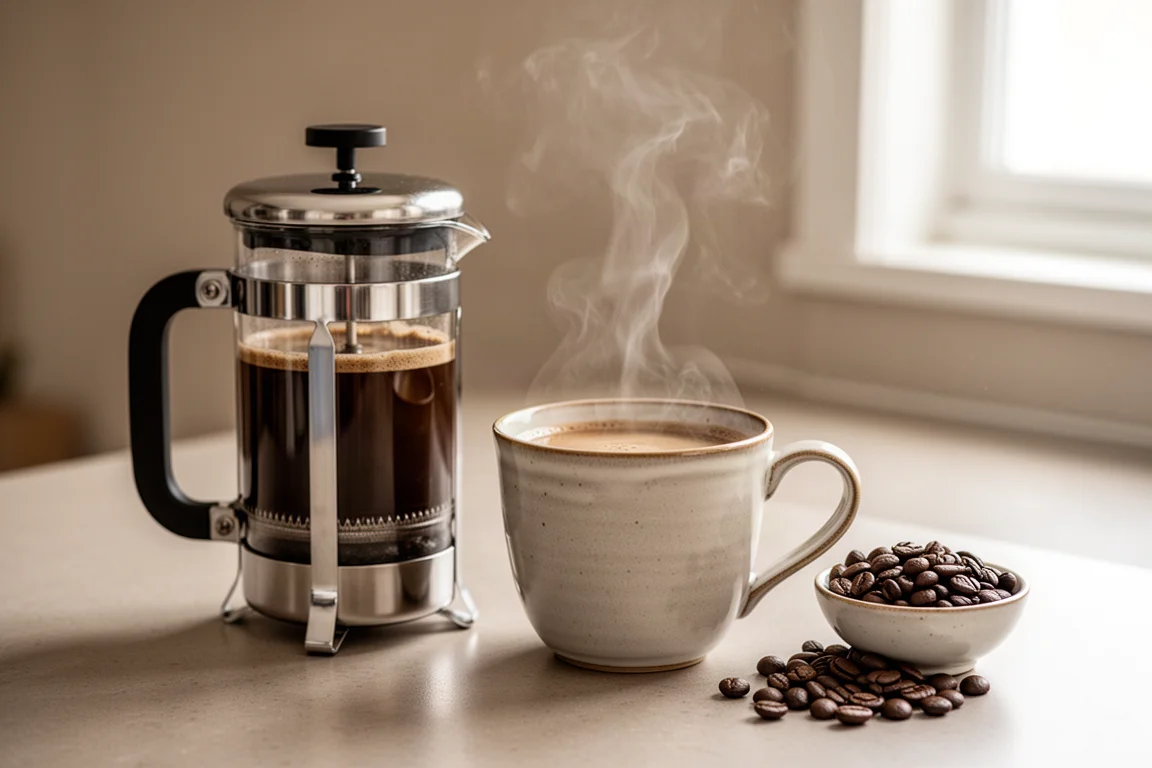 Steam rising from a freshly brewed cup of French press coffee
