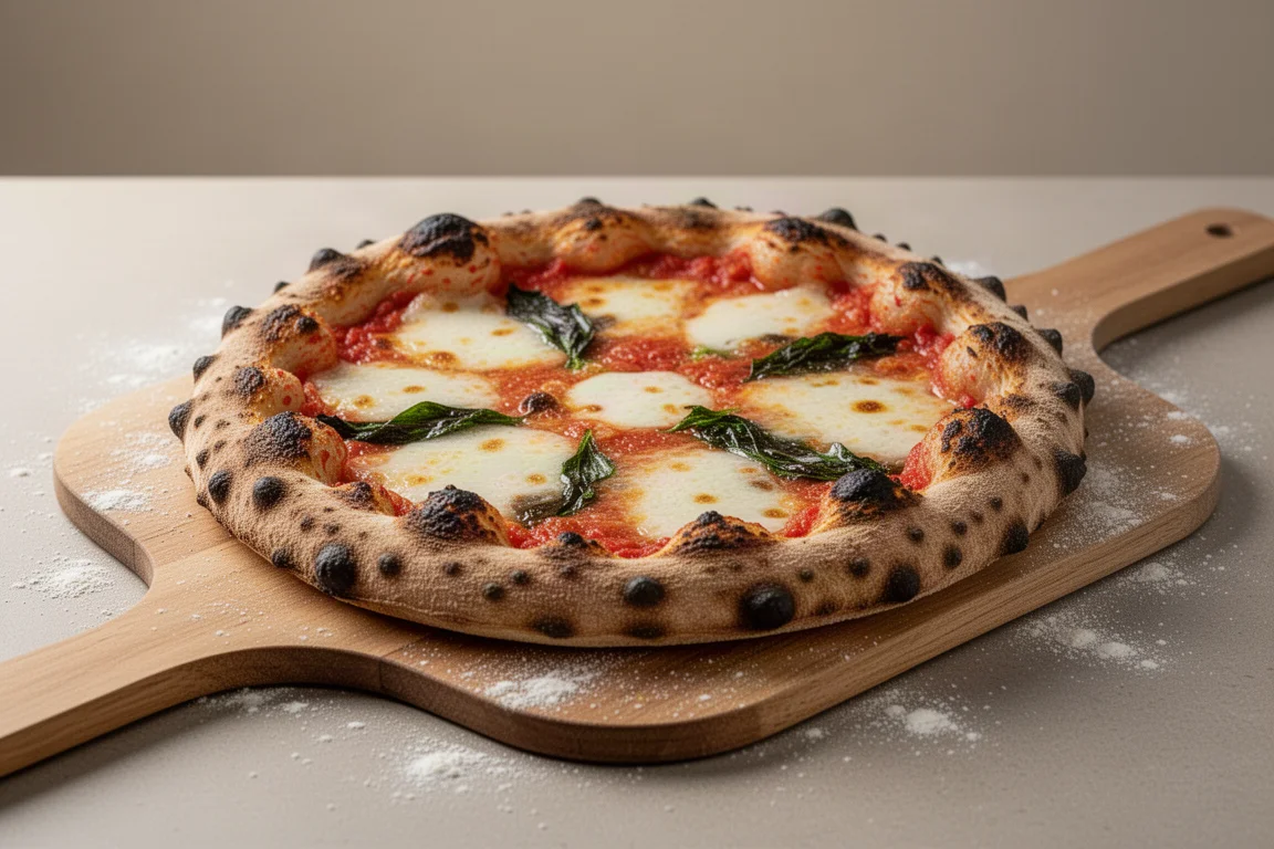 Freshly baked pizza with blistered crust resting on a peel