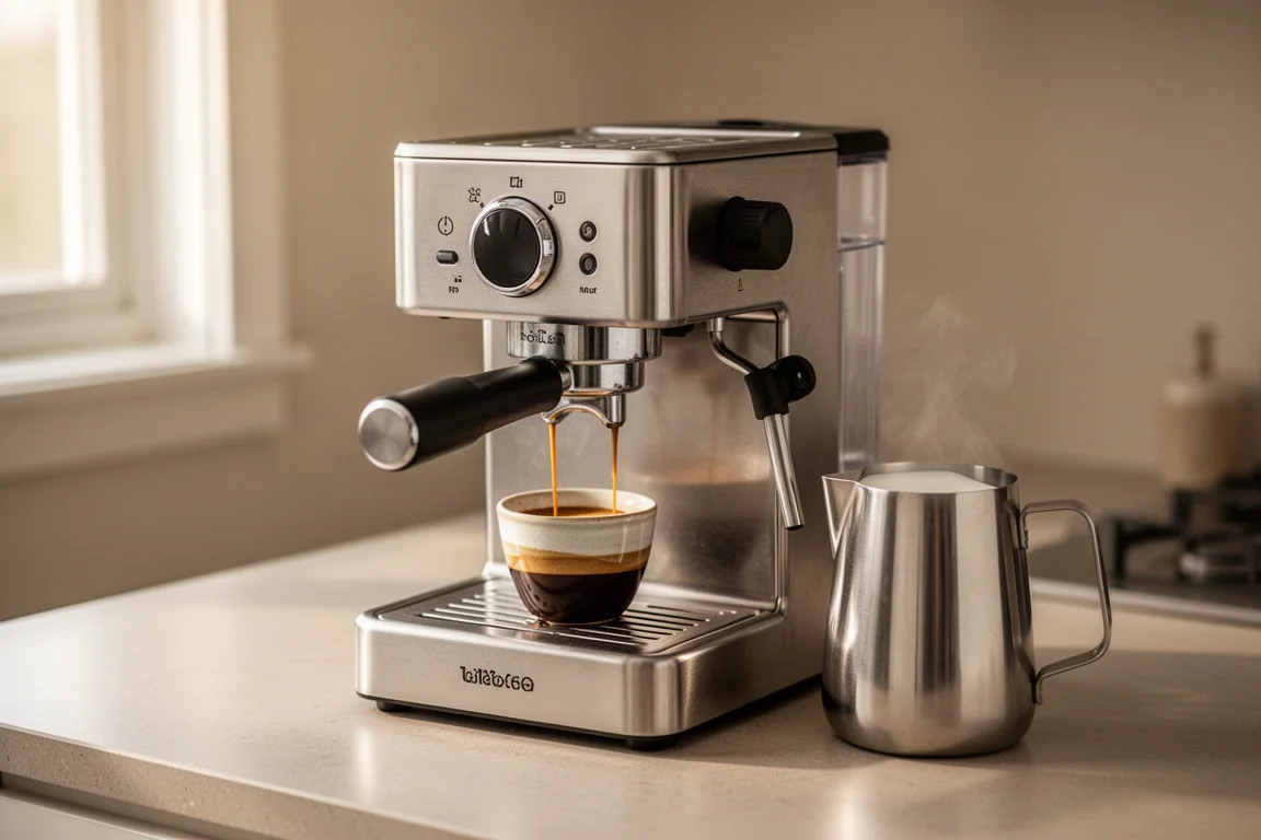 Espresso machine pulling a shot into a small cup on a counter
