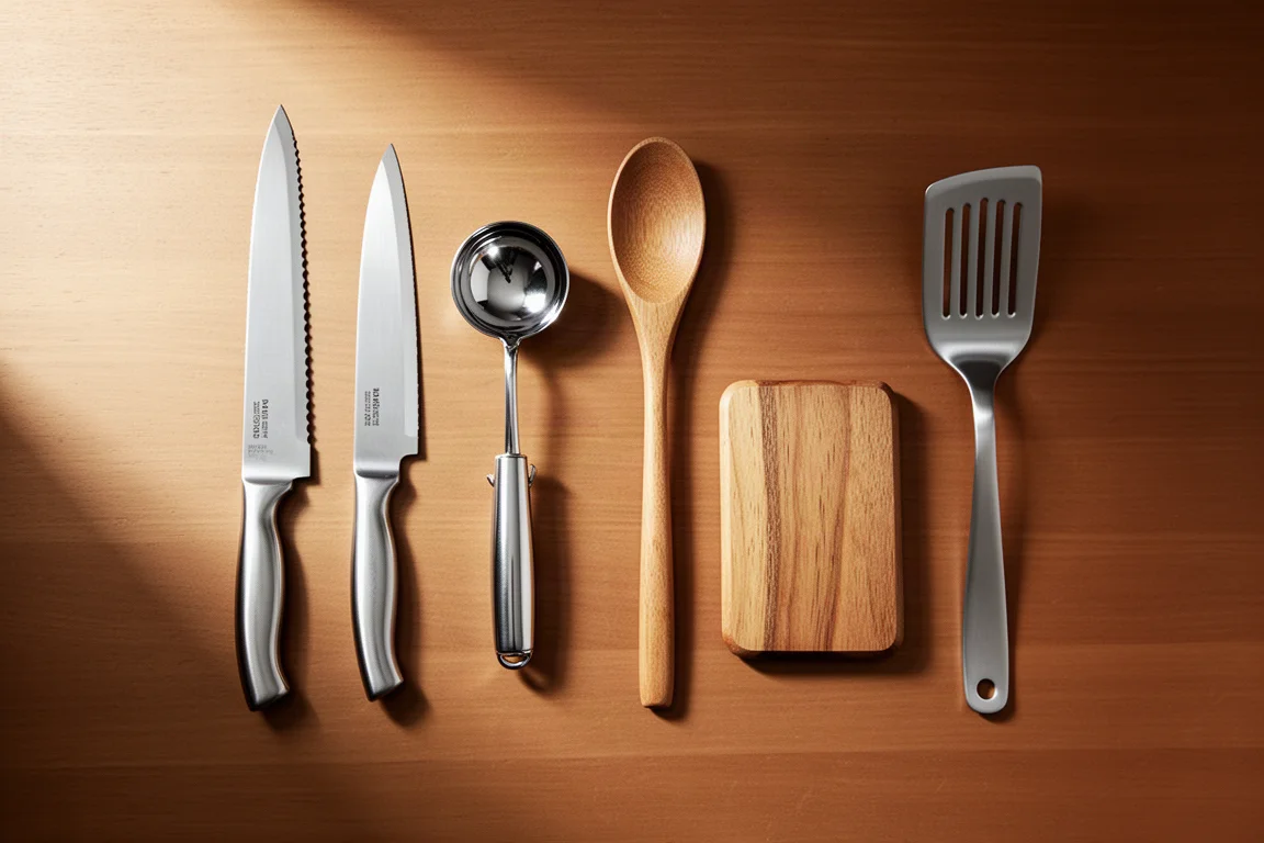 Curated arrangement of kitchen gift items including a bread knife, scoop, wooden spoon, cutting board, and spatula