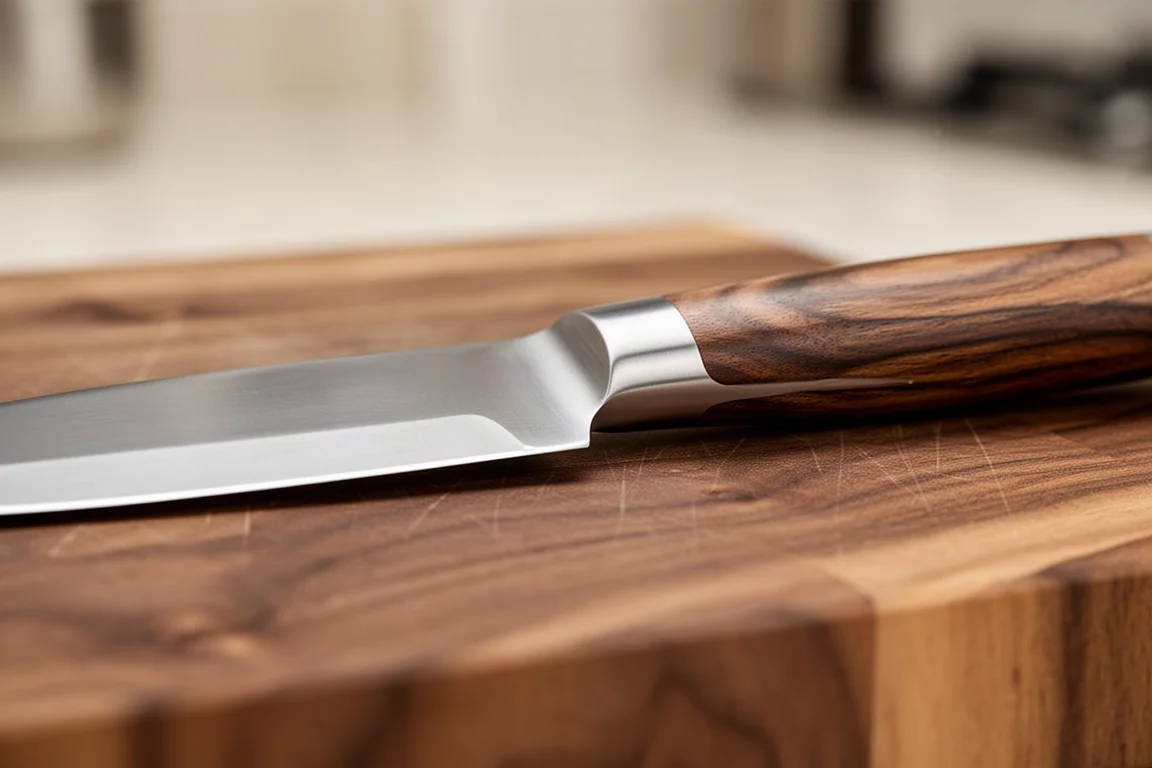 Nahaufnahme einer Hand, die einen Kochstich (Pinch Grip) bei einem Kochmesser über einem Holzschneidebrett verwendet