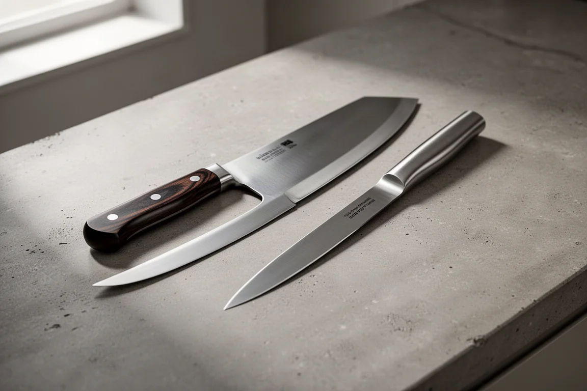 Two chef's knives side by side on a concrete kitchen surface