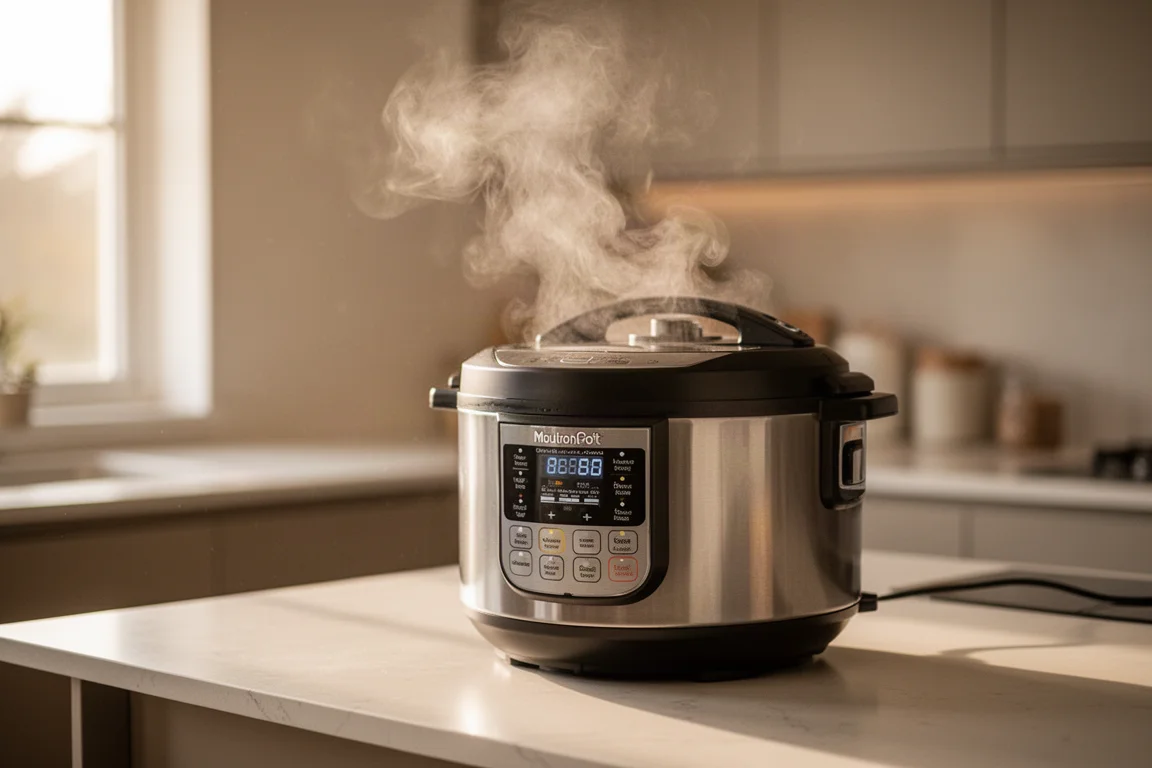 Steam rising from a pressure cooker on a kitchen counter in warm light