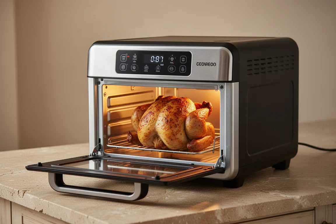Countertop oven air fryer with a roasted chicken inside, door open