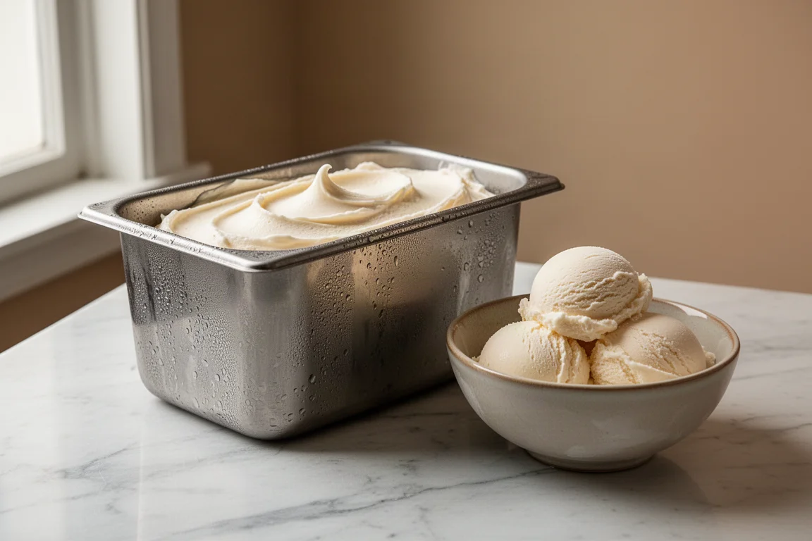 Scoops of fresh ice cream in a chilled metal tub