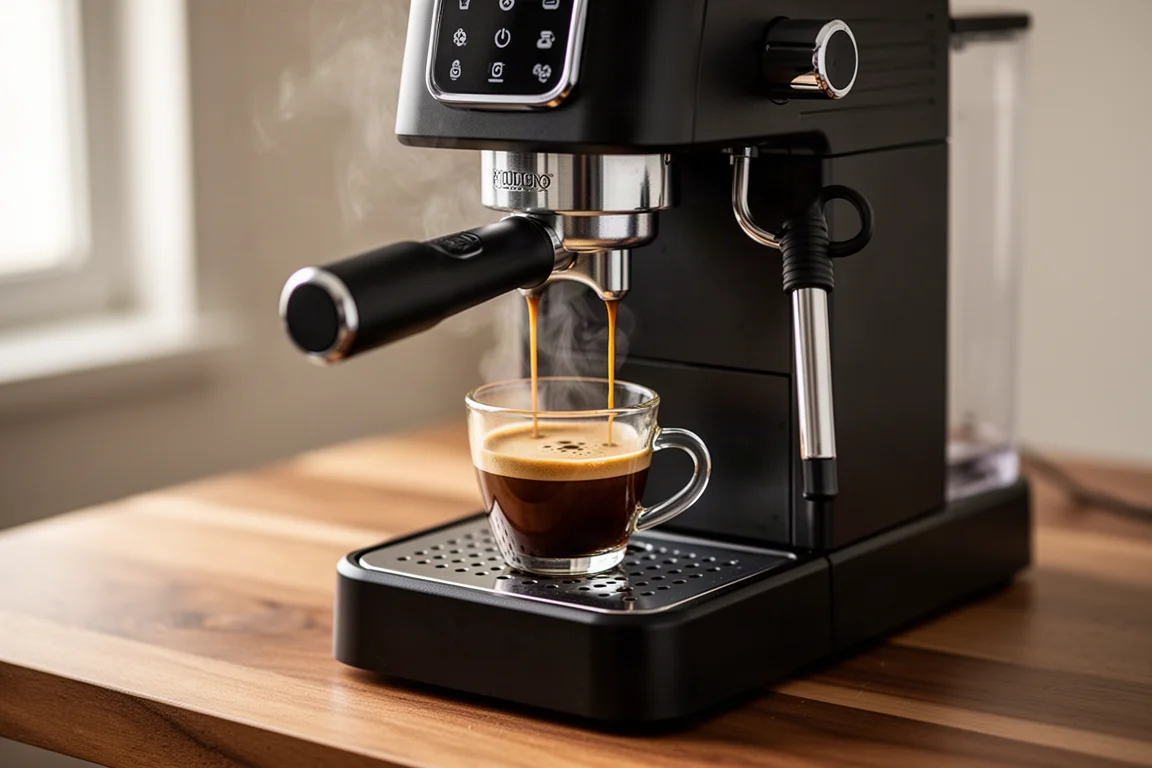 Espresso machine pulling a shot into a small glass cup