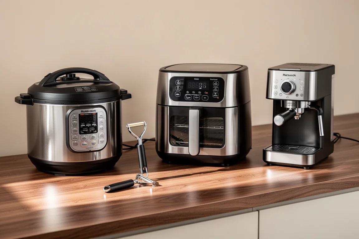 Selection of kitchen appliances and tools arranged on a wood countertop