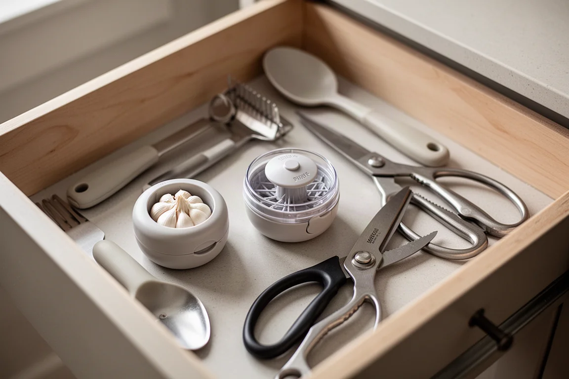 Cluttered kitchen gadget drawer with a garlic chopper and shears visible