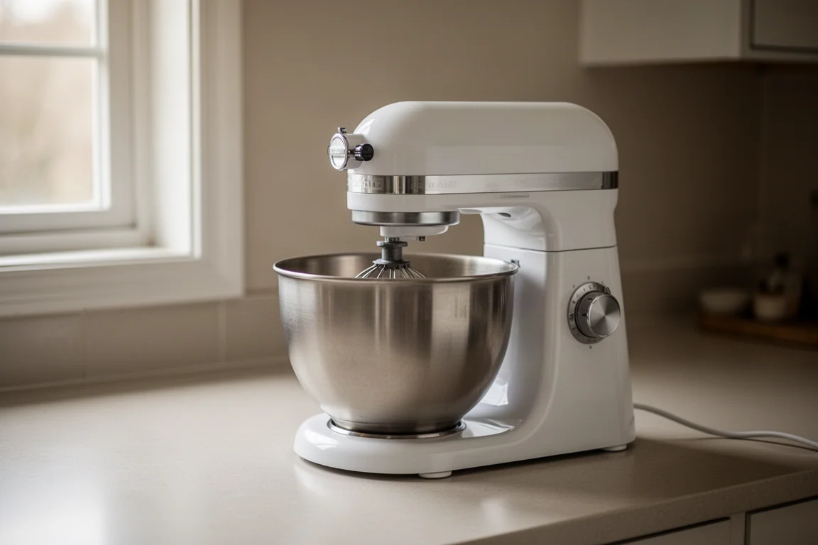 Compact stand mixer on a kitchen counter in soft daylight