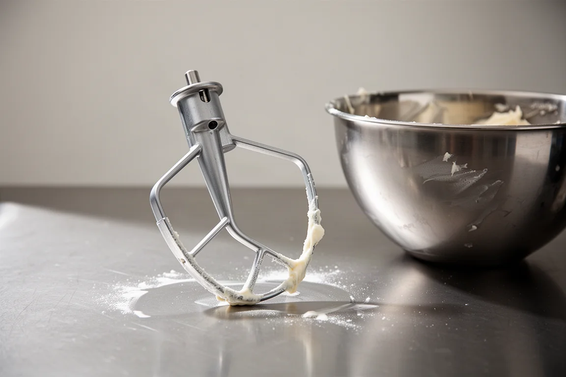 Metal mixer bowl attachment resting beside a mixer bowl
