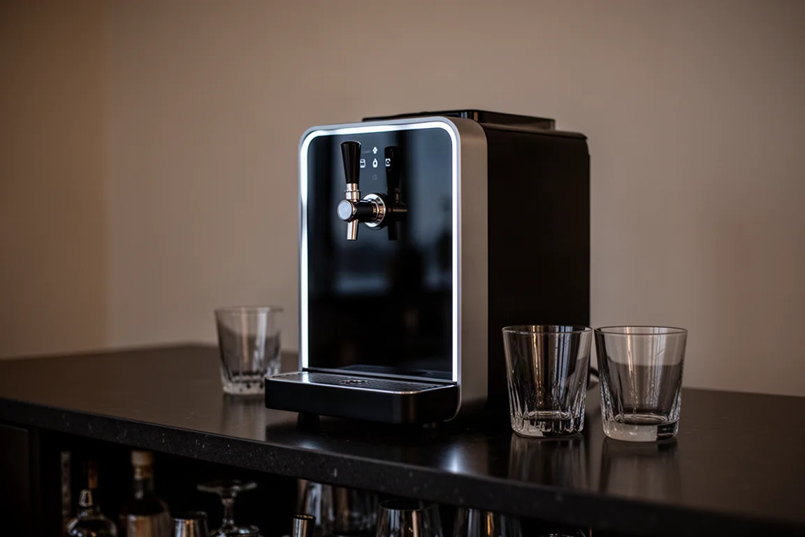 Countertop cocktail machine on a dimly lit home bar