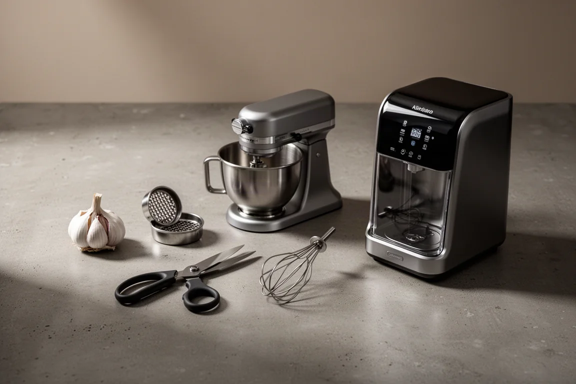 Five small kitchen products including a garlic chopper, shears, stand mixer, attachment, and cocktail machine on concrete