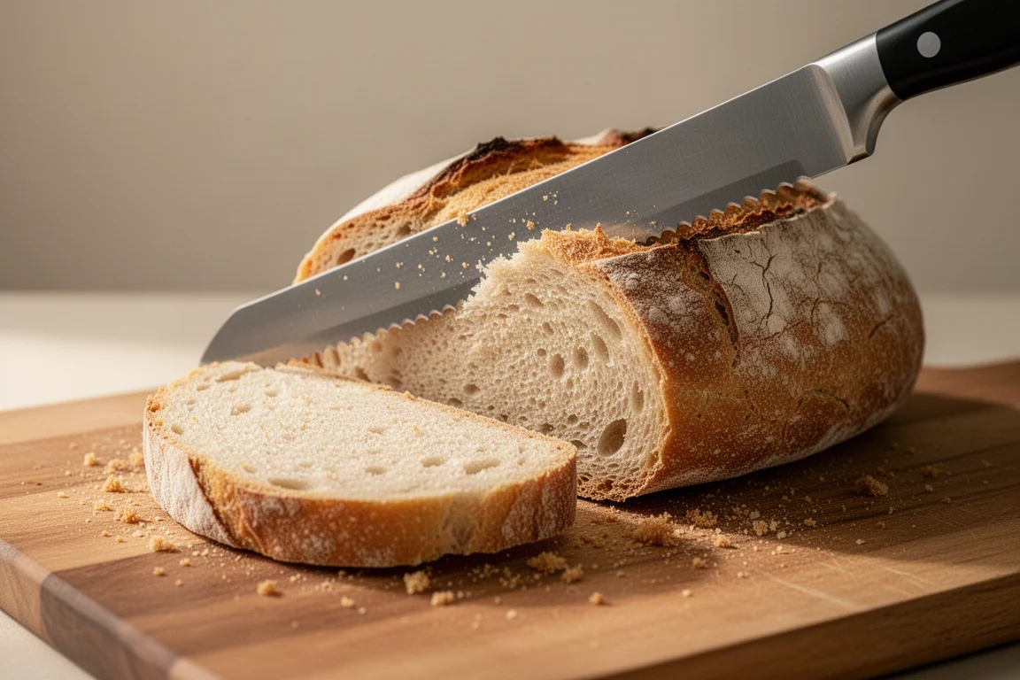 Langes gezahntes Brotmesser schneidet durch eine dicke Scheibe knusprigen Brotes