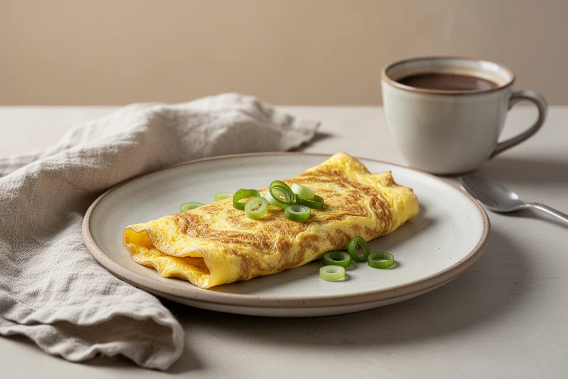 Fertiges Omelett auf einem Teller mit Frühlingszwiebeln als Garnitur neben einem gedeckten Frühstückstisch