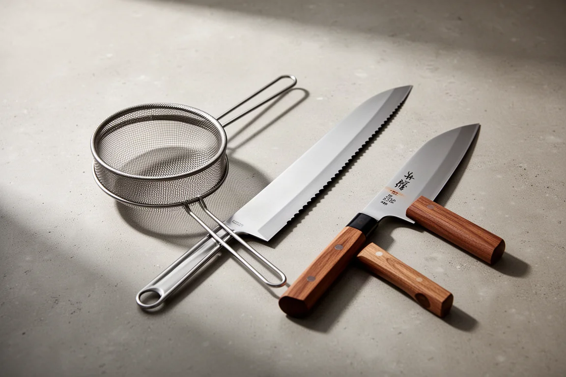 Coarse mesh strainer, long offset bread knife, and compact Japanese chef knife on a concrete counter