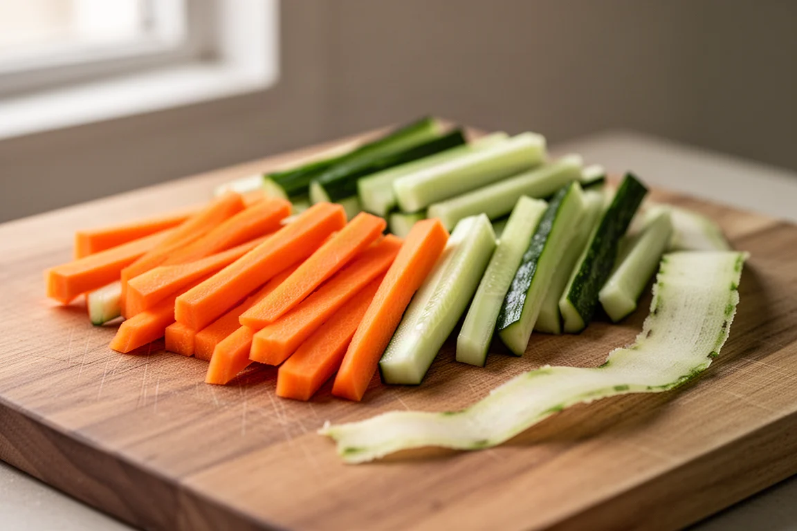 Fresh julienned vegetable matchsticks fanned out on a wooden cutting board