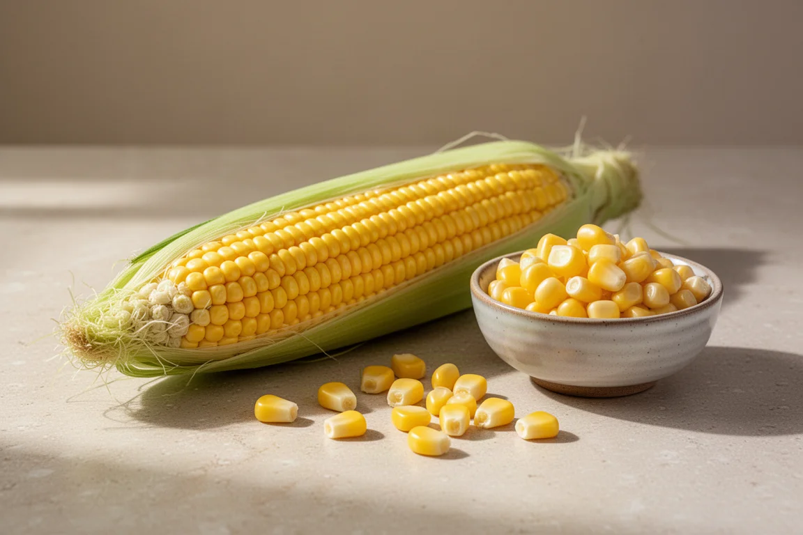 Fresh corn on the cob with loose kernels gathered in a small bowl