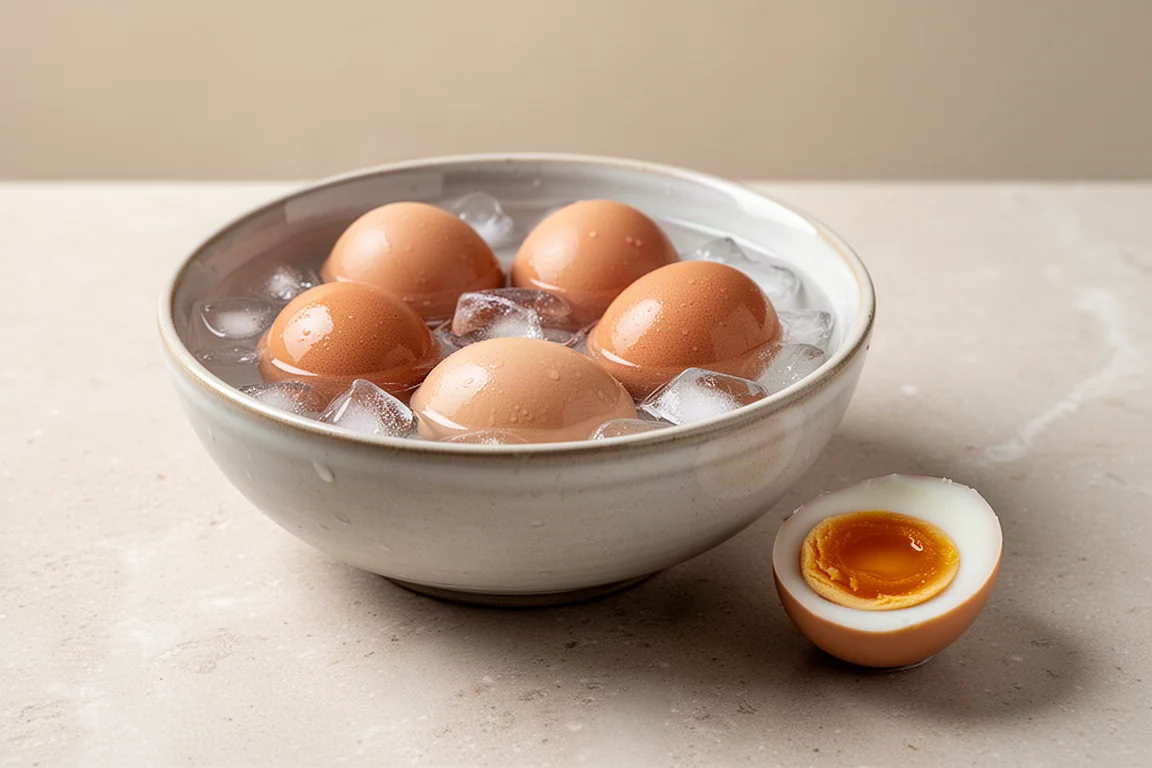 Soft and hard cooked eggs resting in a bowl of ice water