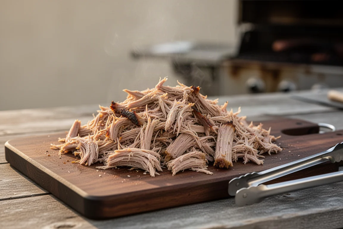Shredded pulled pork piled on a cutting board beside grilling tools