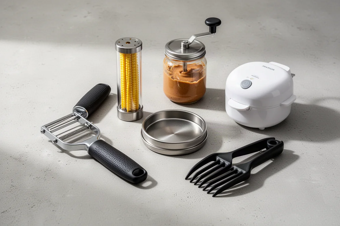 Collection of six single-function kitchen gadgets arranged on a light concrete surface