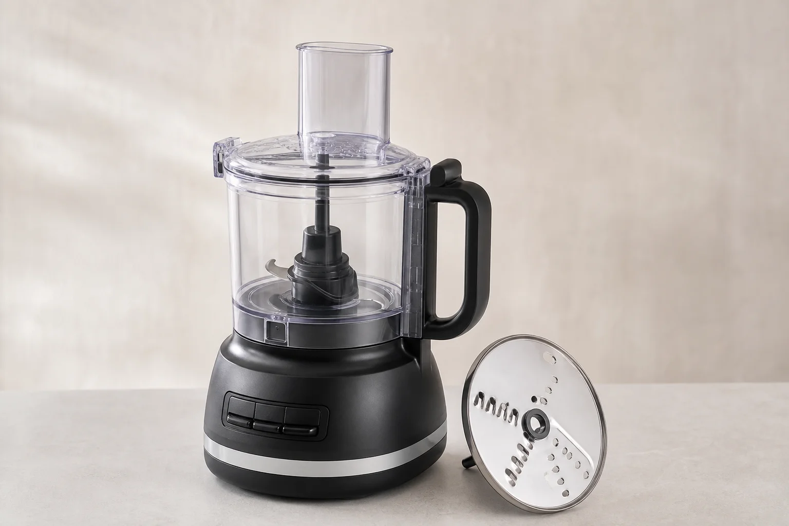 Le blender KitchenAid K-150 et le robot culinaire KitchenAid 7 Cup Food Processor côte à côte sur un fond neutre