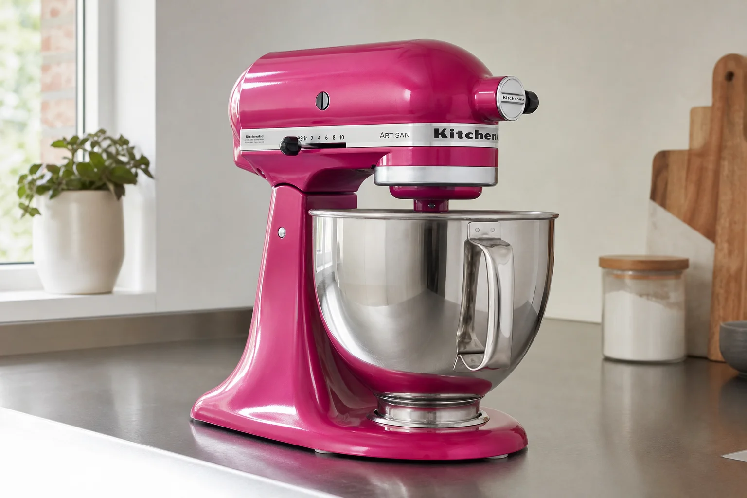 Five stand mixers in various styles and finishes arranged on concrete surface