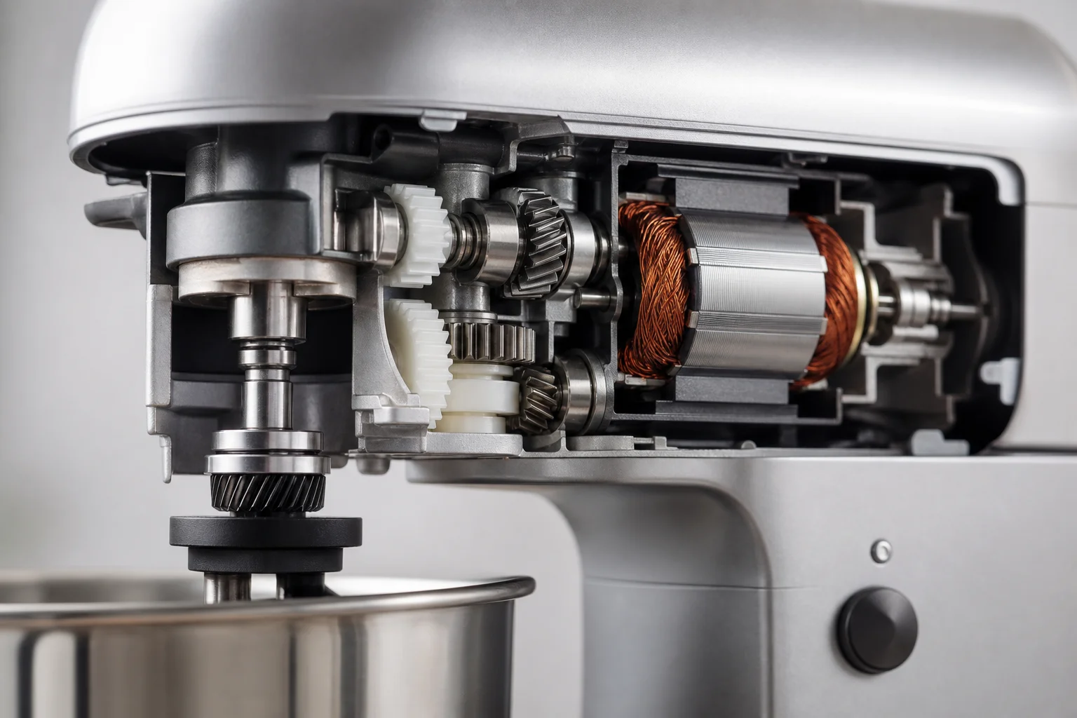 Motor und interne Mechanismen einer Küchenmaschine von der Seite sichtbar
