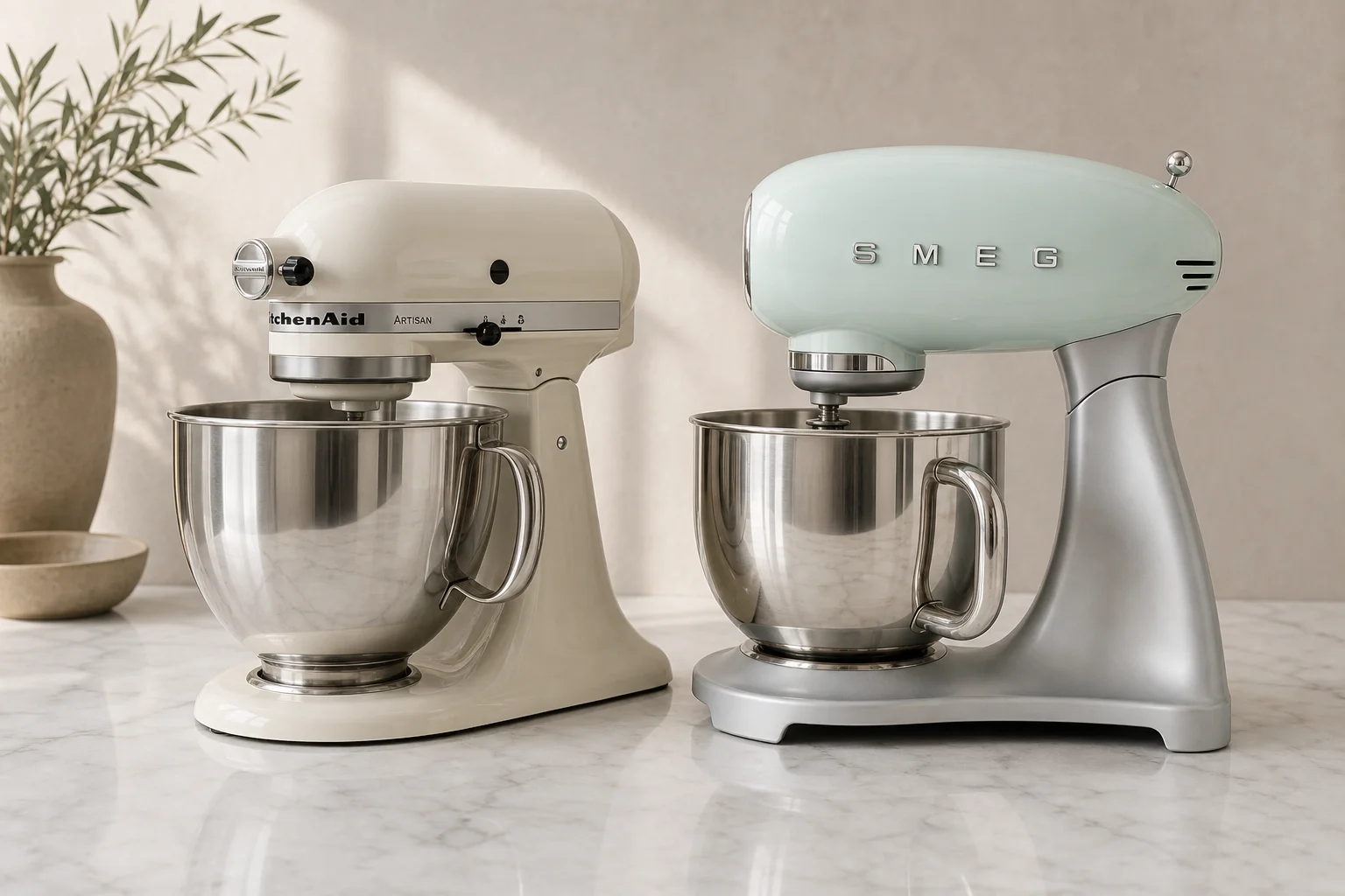 KitchenAid Artisan och Smeg Retro köksassistenter sida vid sida på en bänkskiva i marmor