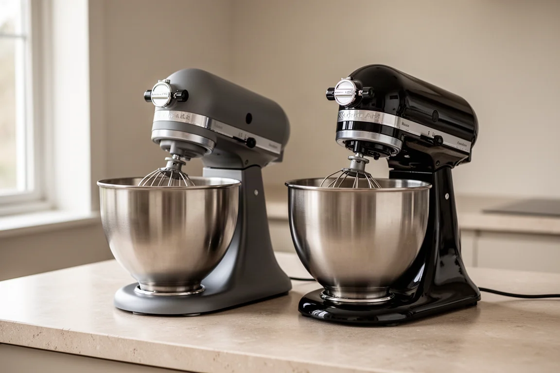 Two compact stand mixers side by side on a kitchen counter with bowls in place