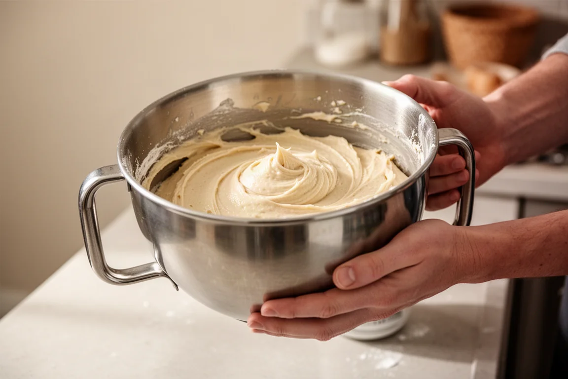 Hands holding a polished metal mixing bowl with a handle filled with thick batter