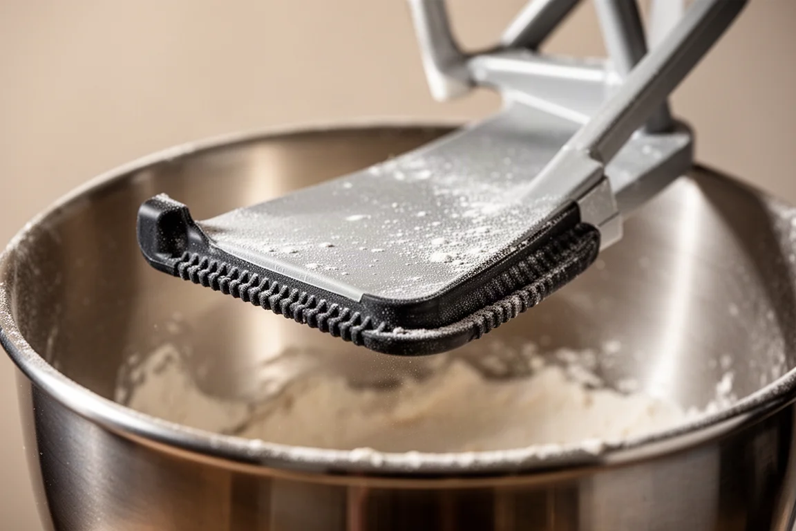 Close-up of a flat beater with a flexible rubber edge inside a mixing bowl
