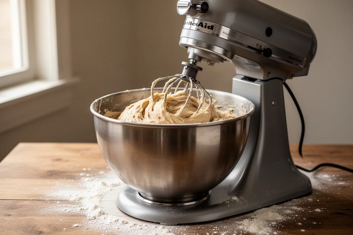 Stand mixer working through a thick batch of dough in a home kitchen