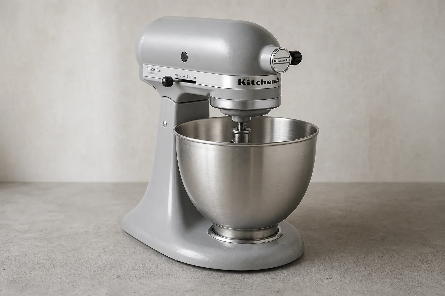 Five stand mixers in various styles and finishes arranged on concrete surface
